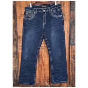 True Luck Bootcut Jeans Mens 34x30 Dark Wash Straight Leg Embroidered Pockets